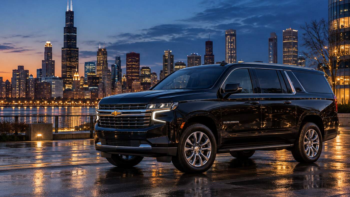 Black Chevrolet Suburban with the Chicago skyline at dusk
